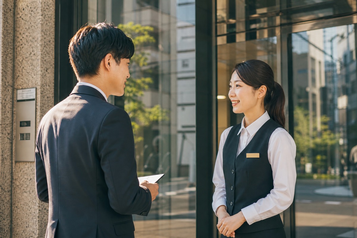 オフィスビルの前で企業担当者と話すスタッフ